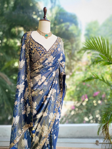 Aarvika Blue Floral Printed Saree with Sequin Zari Blouse