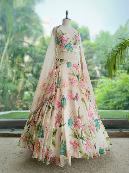 Rang-e-Gul Off-White Floral Indo-Western Lehenga with Sequin Embroidery