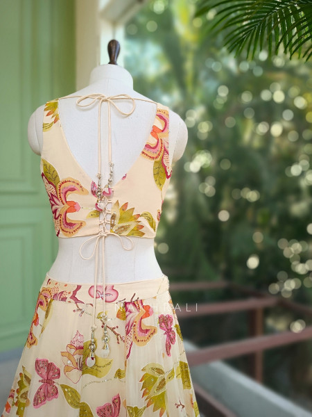 Floral Cream Corset Lehenga with Sequin and Mirror Work