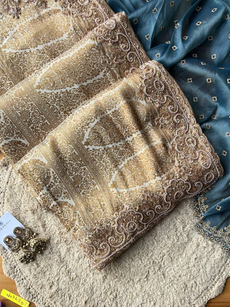 Svaran Lata Cream Banarasi Brocade Saree with Cut Dana Work