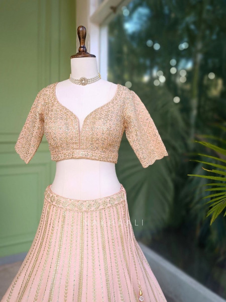 Noor-e-Gulab Peach Silk Lehenga with Gota Patti Zari Sequin Work
