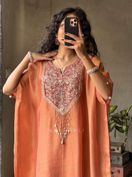 Riyana Orange Kaftan Set with Heavy Embroidered Neckline