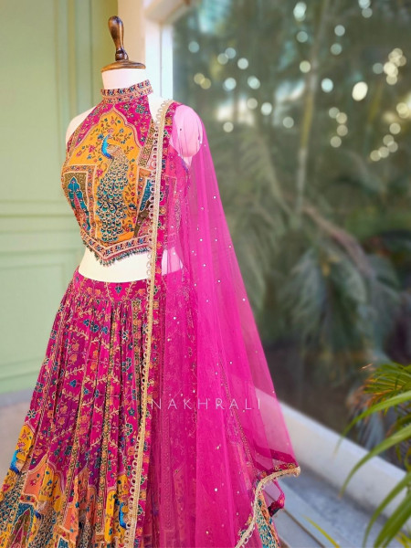 Gulnaar-e-Ishq Peacock Print Halter Neck Lehenga Set