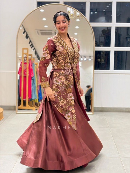 Sorrel Maroon Indo Western Lehenga Jacket Set