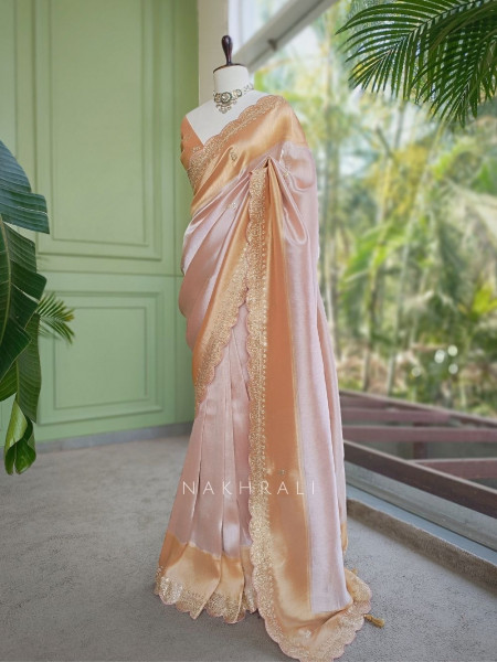 Skylight Peach Zari Weaved Saree with Embroidered Border