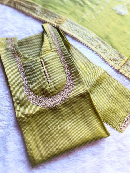 Noorline Glow Green Semi-stitched Dress Material with Sequin and Cut Dana Work