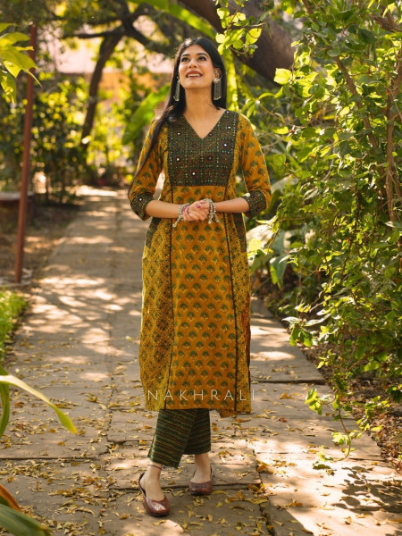 Rozana Mustard Cotton Pant Kurta Set with Patch Work