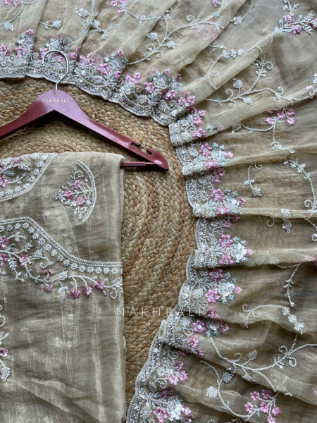Sorelle Beige Organza Saree with Cut Dana Embroidery
