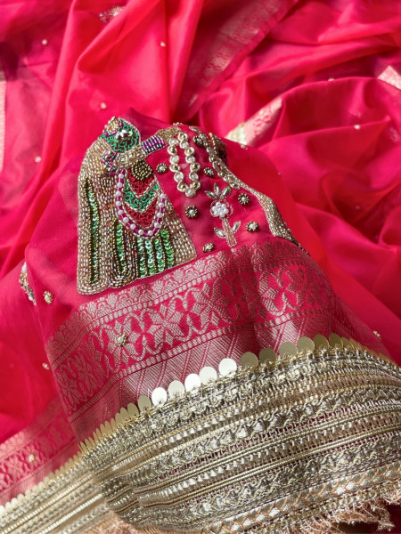 Kalpika  Red Organza Silk Saree With Jaimala Zardosi Motif Work