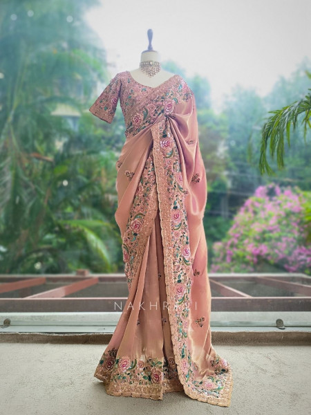 Siya Peach Floral Embroidered Saree with Readymade Blouse