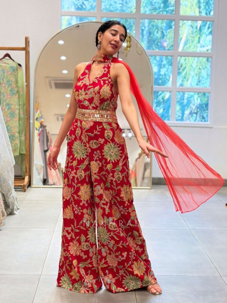 Kiara Red Jumpsuit with Floral Zari Work