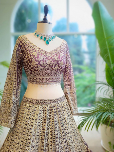 Golden Flare Purple Lehenga with Thread and Sequin Work