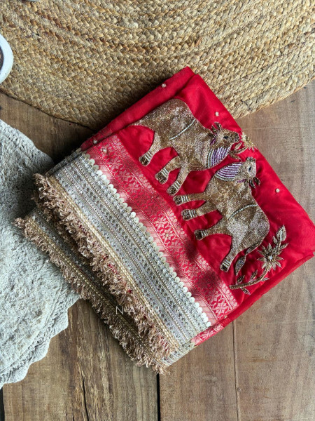 Vraj Ras Banarasi Tissue Silk Saree – Hand Embroidery & Zari Border