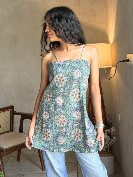 Mira Dark Green Printed Spaghetti Strap A-Line Top