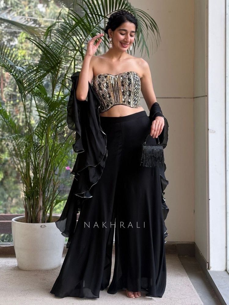 Image of Velmor Black Indo Western Palazzo Set with Sequin Bead Work