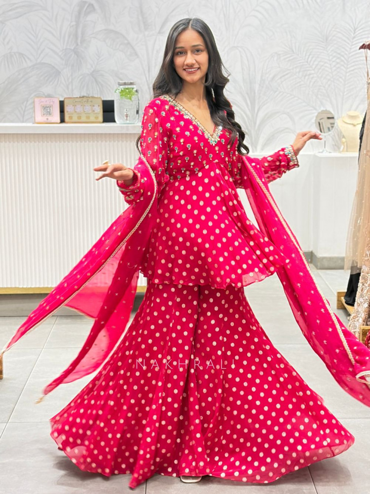 Image of Chitrika Red Bandhani Sharara Suit Set with Mirror &amp; Gota Patti Work