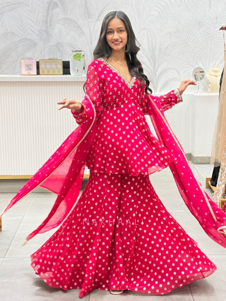 Chitrika Red Bandhani Sharara Suit Set with Mirror & Gota Patti Work