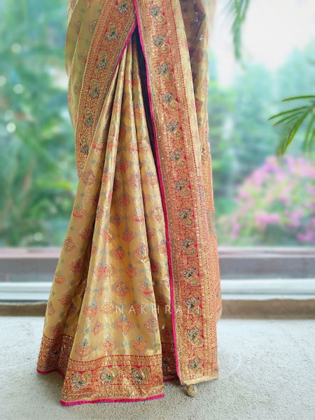 Sharvani Beige Saree With Meenakari Zari, Gota Patti & Zardozi Work