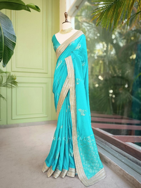 Tavira Rama Saree with Broad Border and Unstitched Blouse Piece