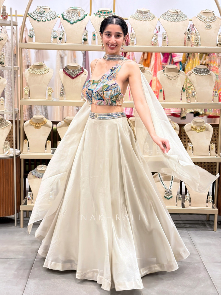 Image of Vanilla Shimmer Minimalist Gher Skirt Set with Asymmetric Beaded Corset