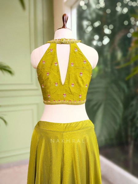 Green Silk Crop Top Palazzo Set with Cut Dana, Beads & Mirror Work