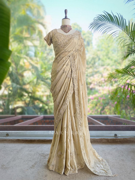 Shwetambari Golden Saree with Bead and Stone Work