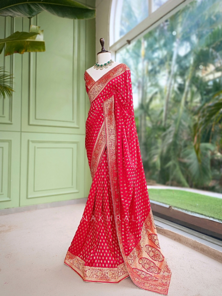 Image of Brocade Medallion Red Banarasi Georgette Saree