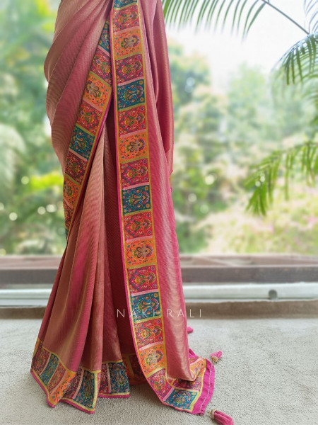 Triyogi Magenta Munga Tussar Soft Metallic Silk Saree with Pichwai Peacock Pallu