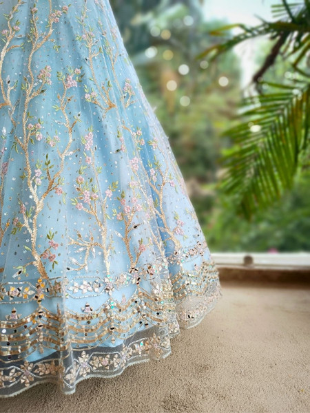Aurelia Sky Blue Net Lehenga with Beads & Sequin Embroidery