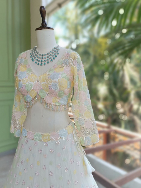 Brinelle Cream Net Lehenga with Floral Cut Dana Work