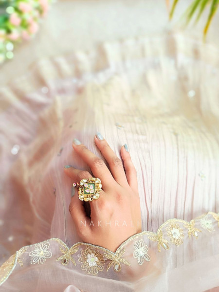 Royal Enamel Green Square Ring with Kundan & Pearl Detailing