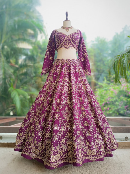 Gulzari Wine Raw Silk Lehenga Set