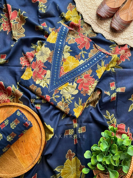 Floraison Blue Cotton Dress Material with Mirror Work