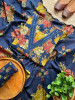 Floraison Blue Cotton Dress Material with Mirror Work