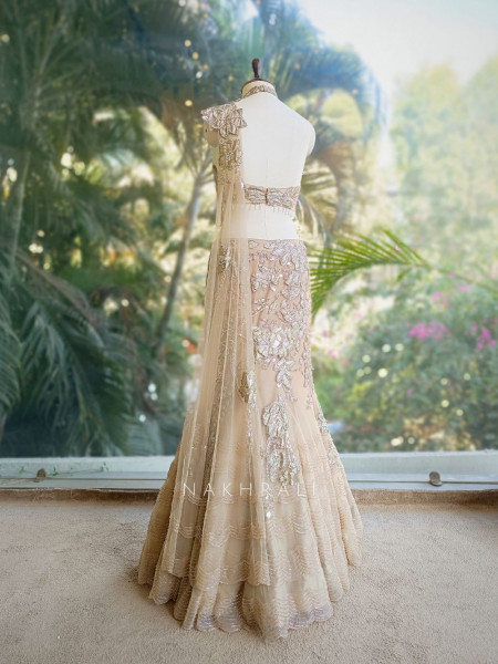 Aurevia Beige Indo-Western Mermaid Lehenga with Sequin and Pearl Work