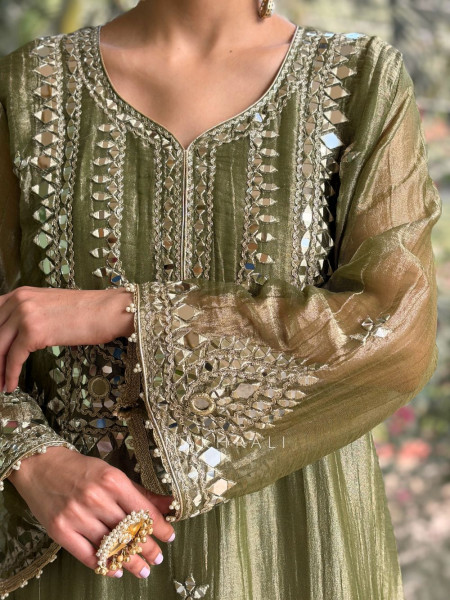 Poise Green Tissue Long Dress with Mirror and Zari Work