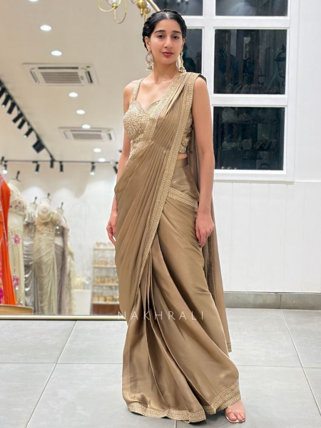 Velo Brown Drape Saree with Mirror Embroidered Blouse