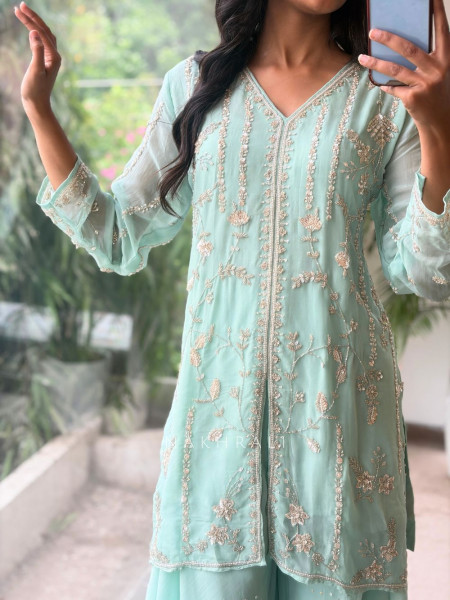 Sorrel Sea Green Organza Georgette Layered Sharara Suit Set