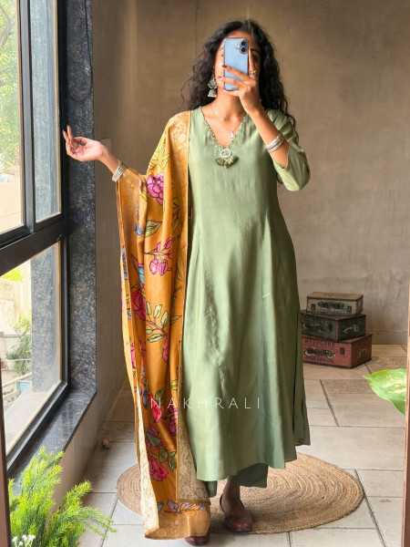 Zyrika Rama Green Anarkali Suit Set with Floral Dupatta