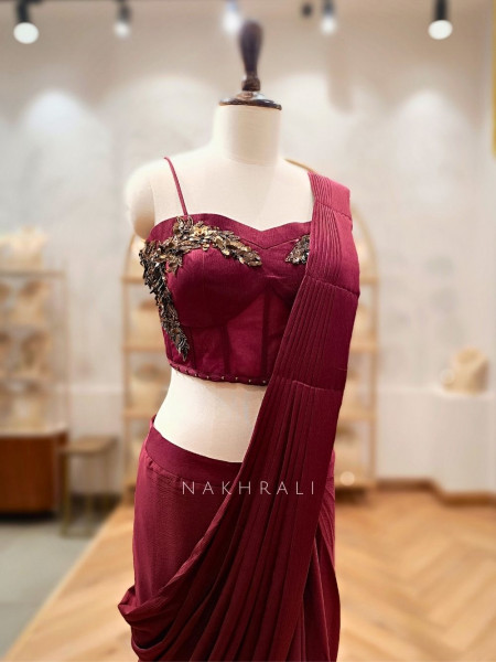 Riyana Maroon Pre-Draped Saree with Corset Blouse