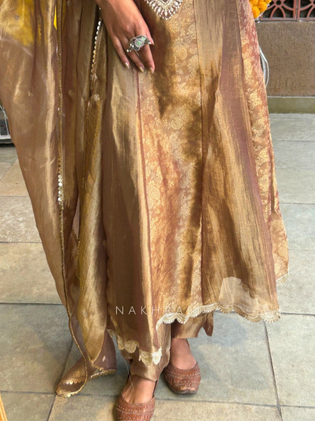 CelestialGleam  Beige Tissue Organza Silk Anarkali Suit Set