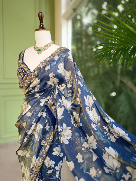 Aarvika Blue Floral Printed Saree with Sequin Zari Blouse