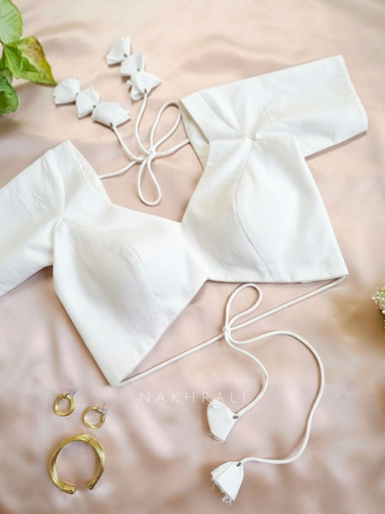 Image of Malika Solid White Cotton Silk Blouse