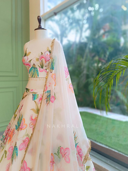 Rang-e-Gul Off-White Floral Indo-Western Lehenga with Sequin Embroidery