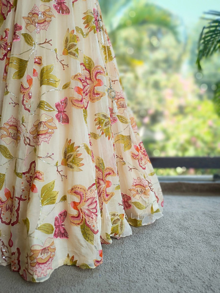 Floral Cream Corset Lehenga with Sequin and Mirror Work