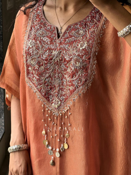 Riyana Orange Kaftan Set with Heavy Embroidered Neckline
