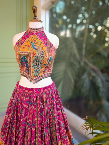 Gulnaar-e-Ishq Peacock Print Halter Neck Lehenga Set