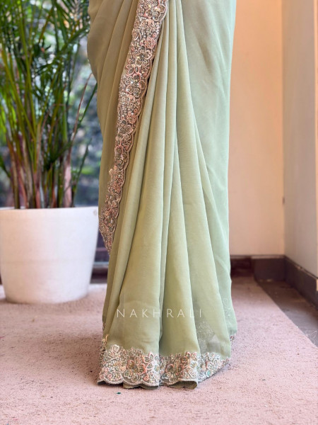 Cirelle Pista Green Saree with Corset Blouse Sequin Cut Dana Work