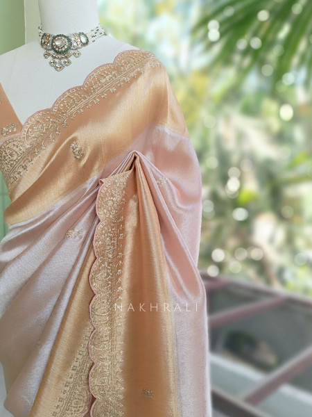 Skylight Peach Zari Weaved Saree with Embroidered Border
