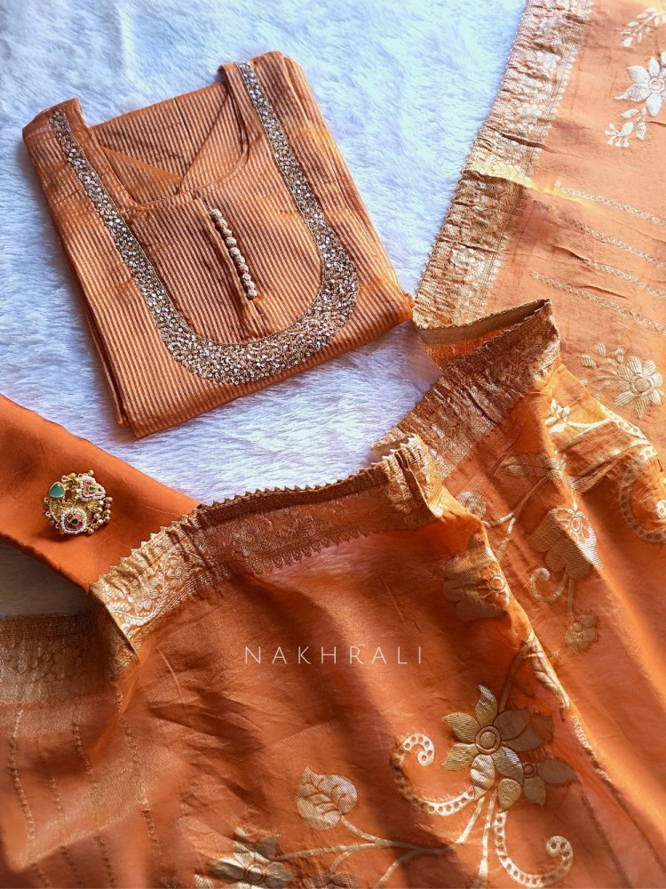 Image of Noorline Glow Orange Semi-stitched Dress Material with Sequin and Cut Dana Work